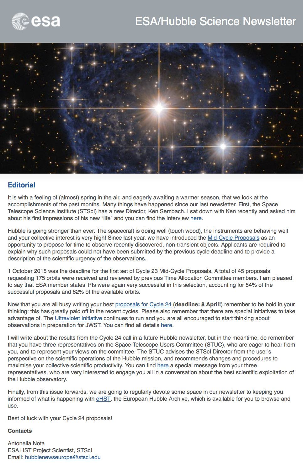 Screenshot of the March 2016 issue of the ESAHubble Science Newsletter