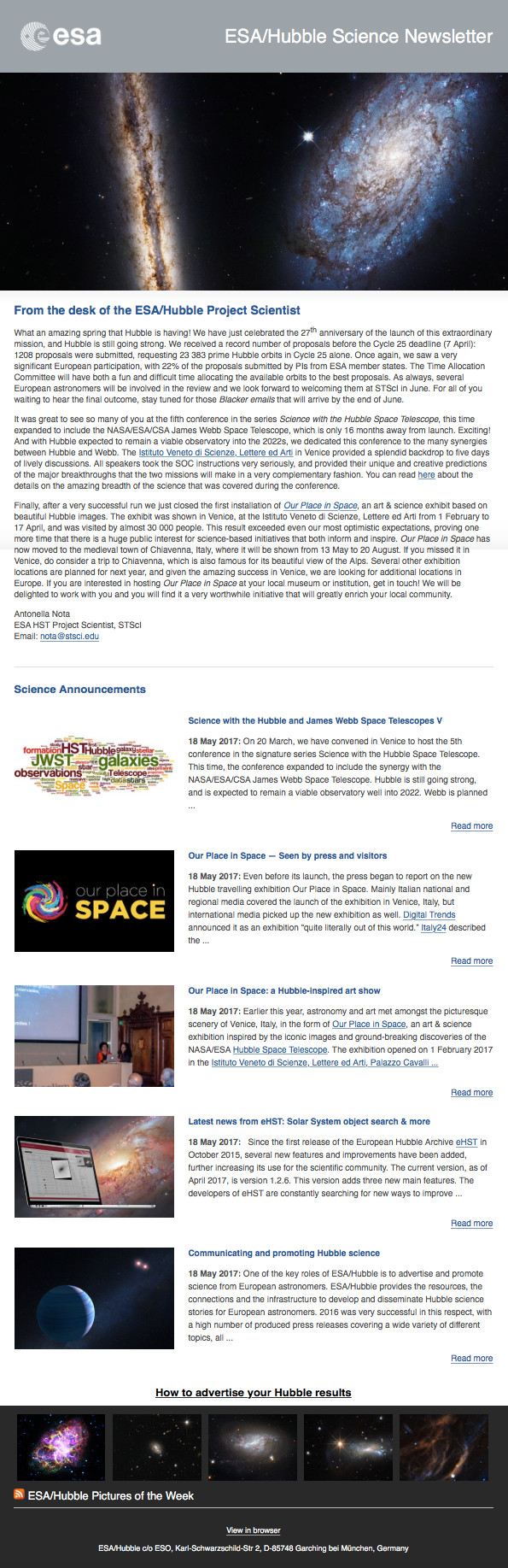 Screenshot of the May 2017 issue of ESAHubble Science Newsletter