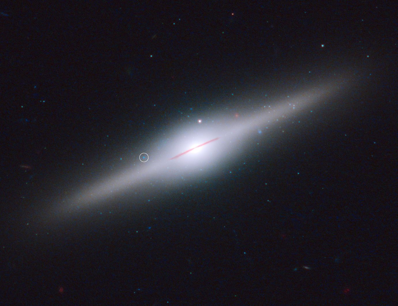 Star cluster surrounds wayward black hole in cannibal galaxy ESO 243-49 (labelled)
