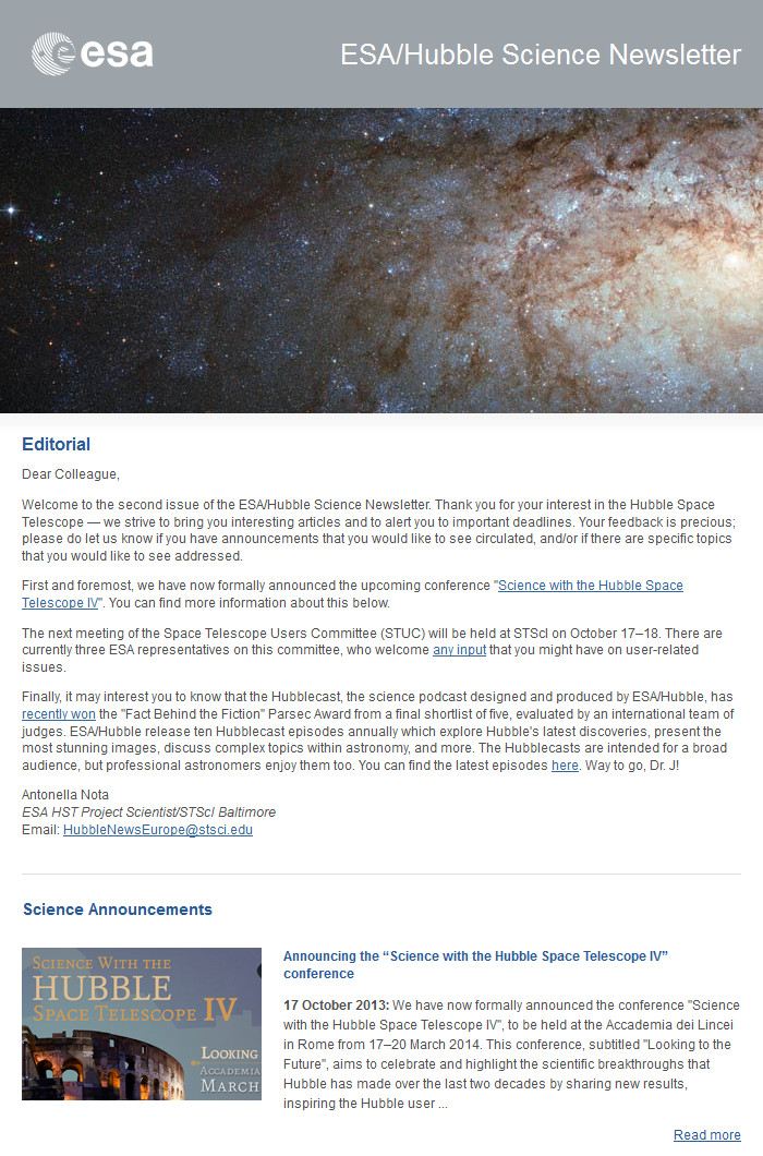The October 2013 issue of the ESAHubble Science Newsletter