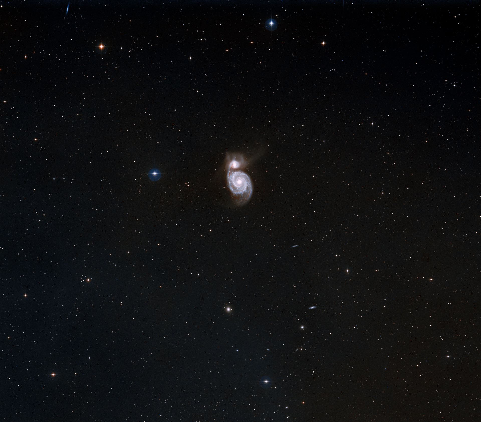 The Whirlpool Galaxy (M51a) with it&rsquo;s sparkling arms is the first galaxy found to have a spiral structure.