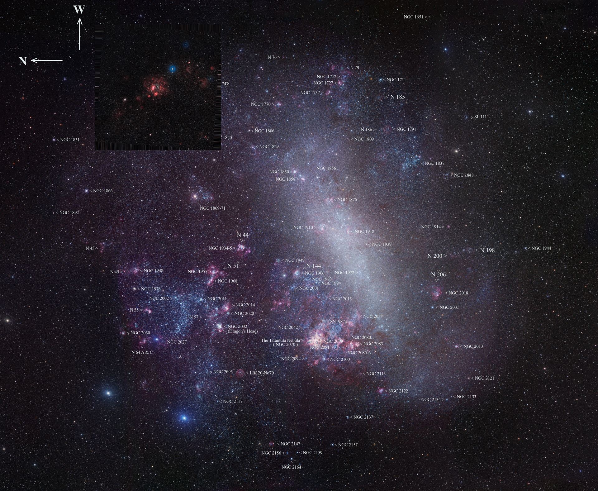 The entire Large Magellanic Cloud with annotations (ground-based image)
