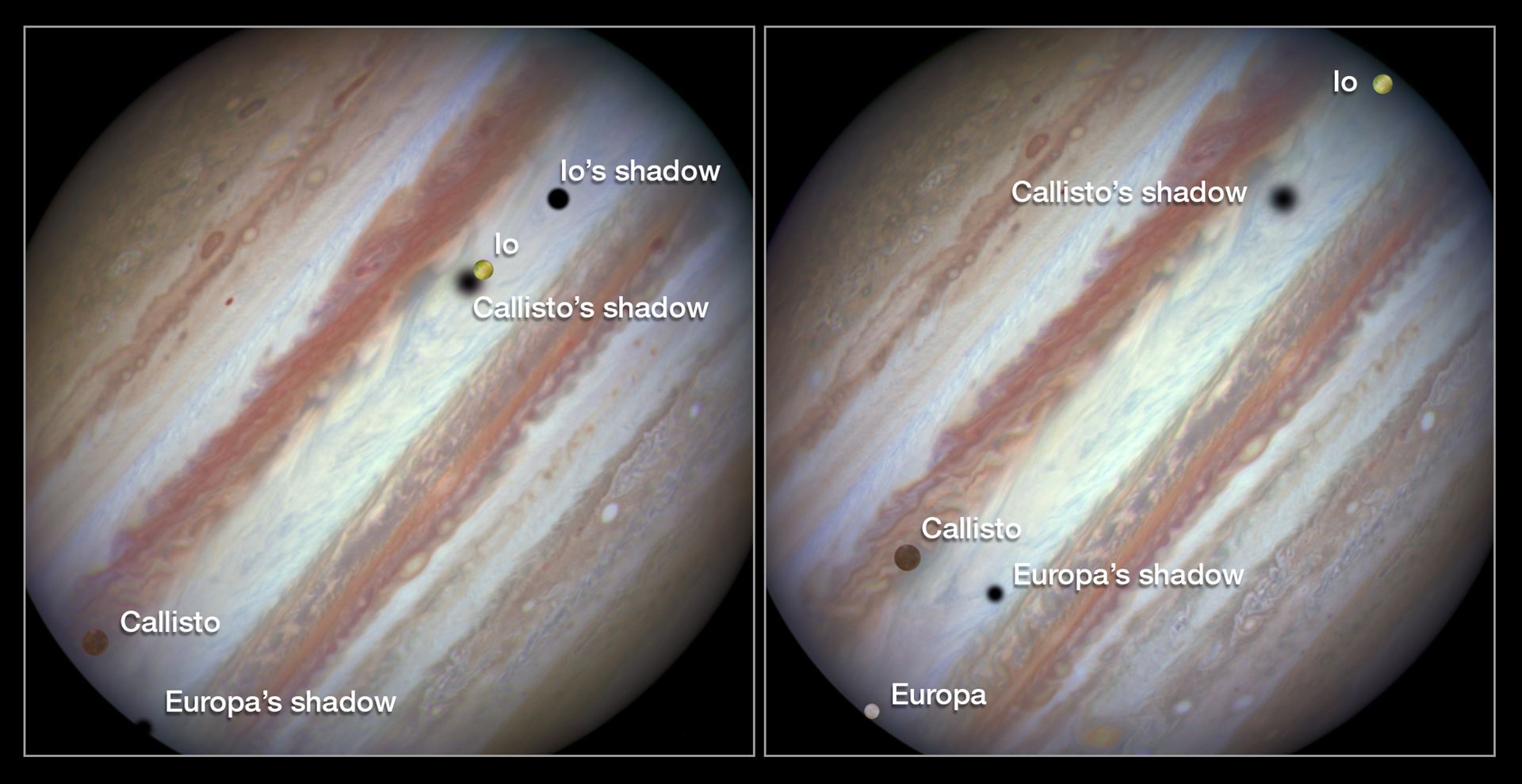 Three moons and their shadows parade across Jupiter — comparison of beginning and end of sequence, with annotations