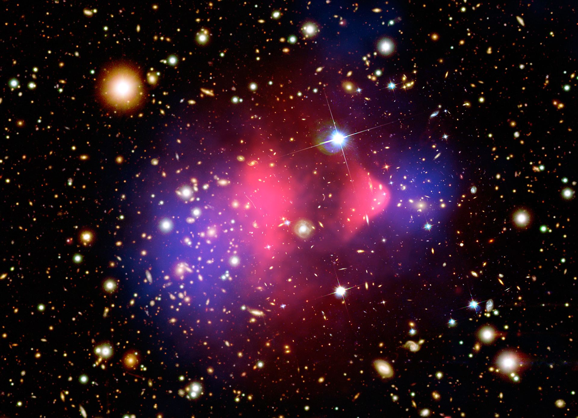 Visible-light and x-ray composite image of galaxy cluster 1E 0657-556