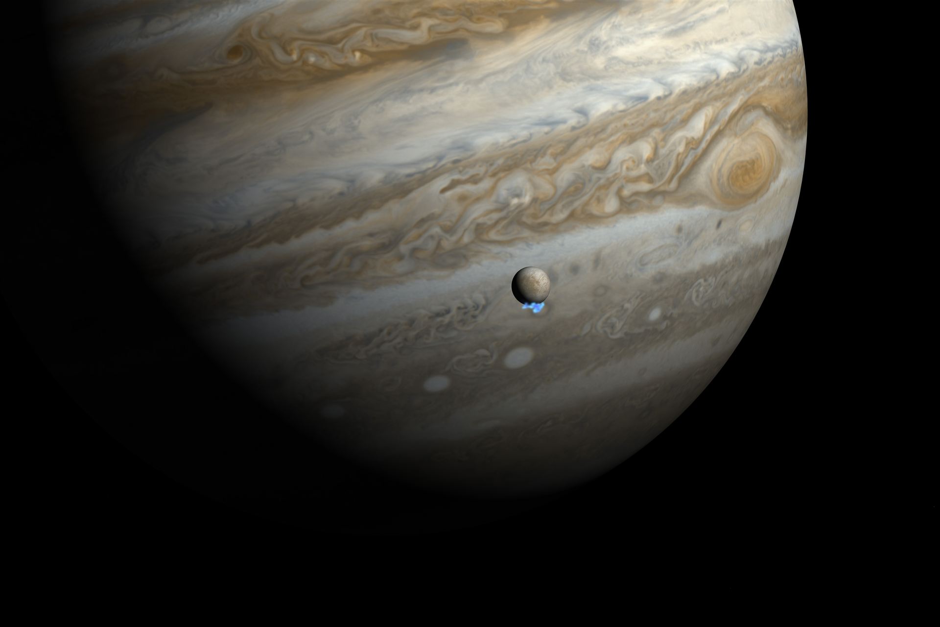 Water vapour plumes on Jupiter&rsquo;s moon Europa (artist&rsquo;s impression)