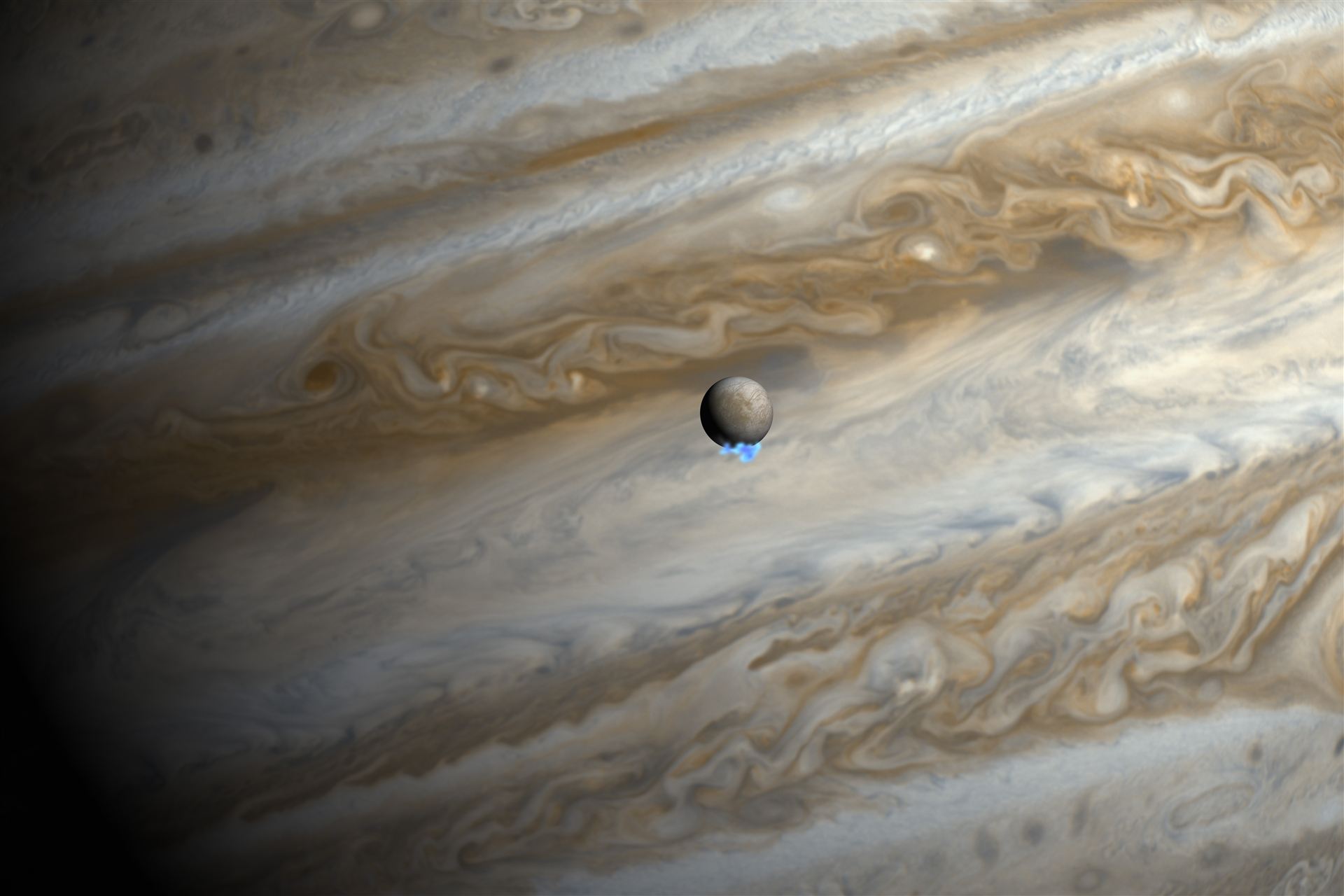 Water vapour plumes on Jupiter&rsquo;s moon Europa (artist&rsquo;s impression)