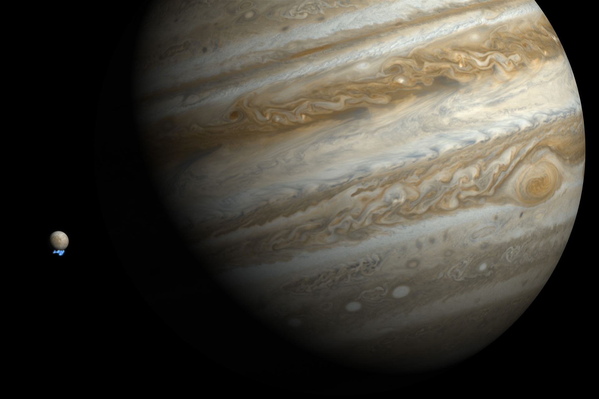Water vapour plumes on Jupiter&rsquo;s moon Europa (artist&rsquo;s impression)