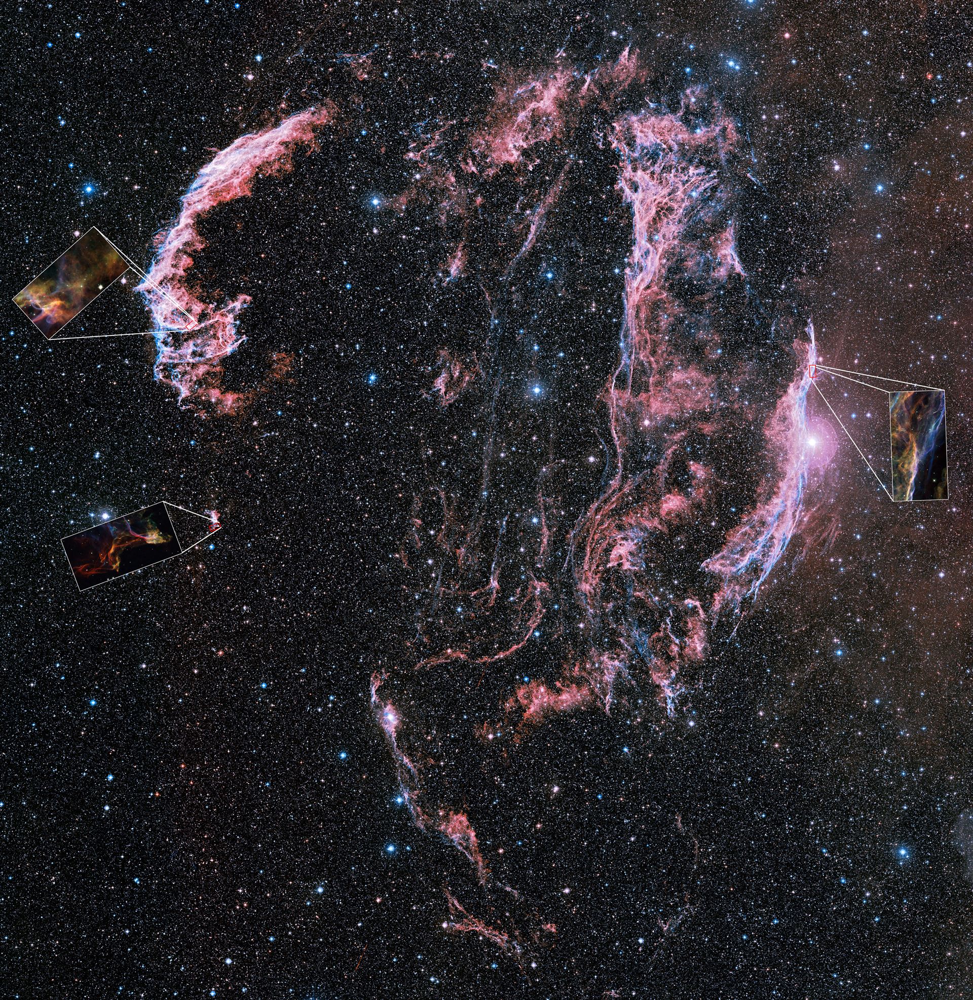 Wide-field ground-based astrophoto of the Veil Nebula, annotated